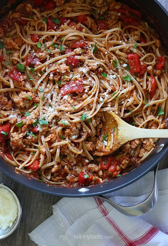 Whole Wheat Pasta with Spicy Sausage and Roasted Peppers