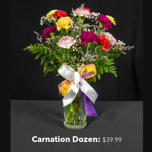 Arrangement of a dozen Carnations priced at $39.99  